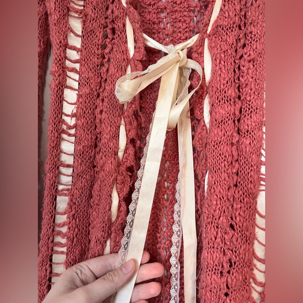 Betsey Johnson Vintage Pink Long Cardigan with Lace Ribbon Crochet Knit - Picture 3 of 8